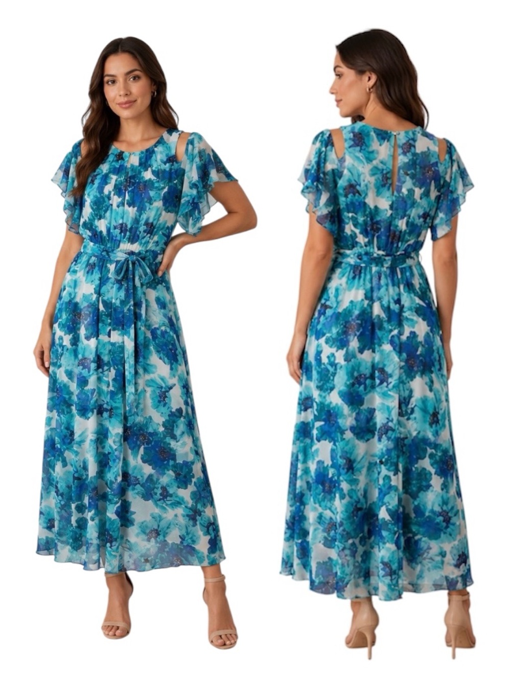Calvin Klein Floral Teal Cold Shoulder Belted Chiffon Maxi Long Dress siz 8